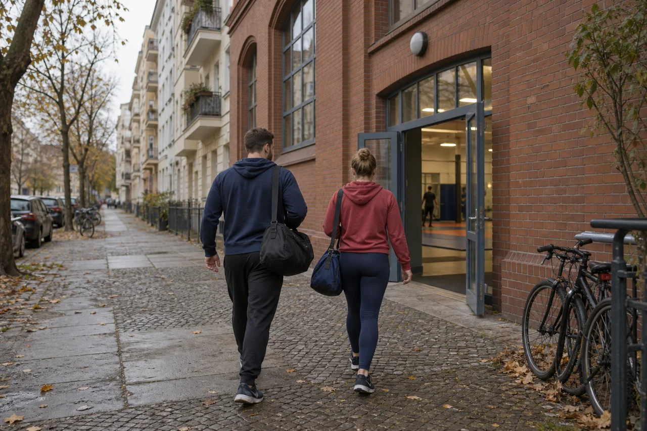 AI: Freizeitsportler auf dem Weg zu einer Berliner Sporthalle.