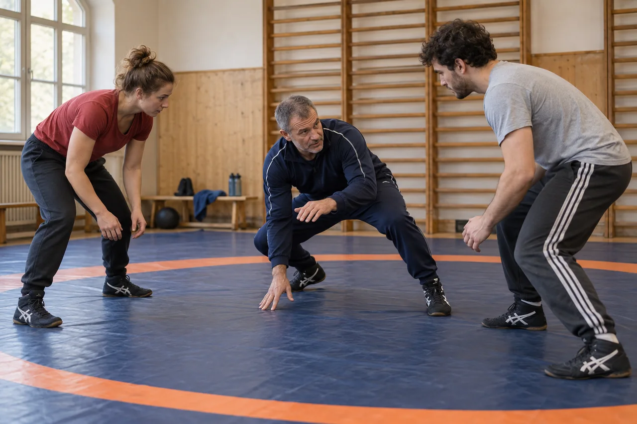 AI: Ein Trainer zeigt zwei Erwachsenen eine tiefe Ringerposition.