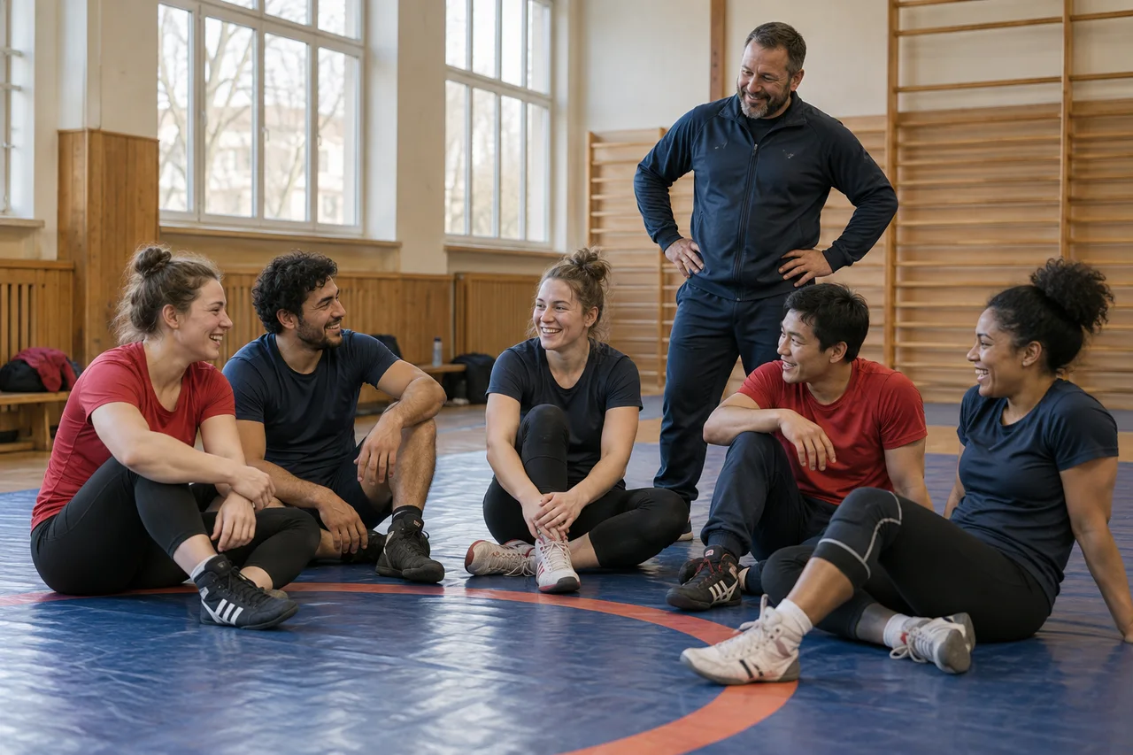 AI: Eine Trainingsgruppe unterhält sich nach dem Ringen.